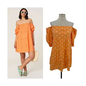 Color Me Courtney Quinn Polka Dot Off Shoulder Tiered Mini Dress Orange XS thumbnail 2