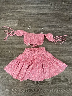 Rose Pink Floral Drawstring Off-The-Shoulder Crop-Top Paperbag Skirt Two-Piece Set thumbnail 7