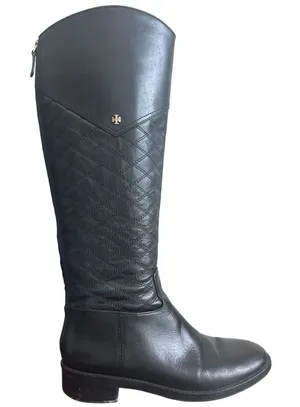 Tory Burch Claremont Quilted Leather Riding Boots Black Gold Logo 8.5 thumbnail 1