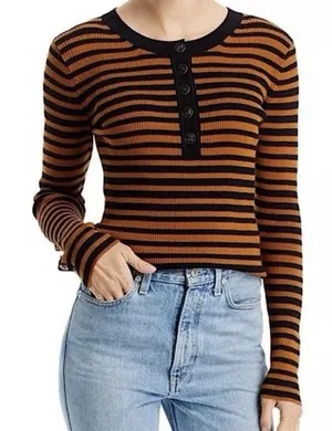 Karl‎ Lagerfeld Paris Ribbed Striped Henley Long Sleeve Thermal Top Designer thumbnail 1