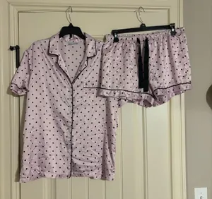 Pink and black polka dot satin pajama set Worn a few times Size M #polkadot thumbnail 1