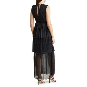 Melloday Black Metallic Plisse Tiered Maxi Dress Sleeveless V-Neck XS‎ New thumbnail 2