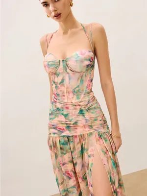 Commense Pink Floral Maxi Dress with Green Accents thumbnail 4