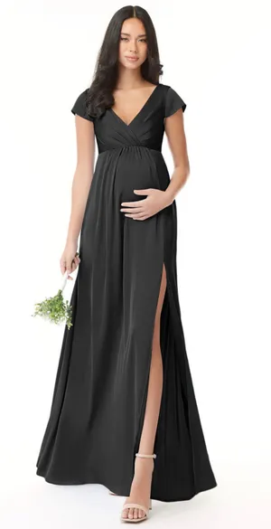 Azazie Allessia Black A-Line Satin Pleated Floor-Length Maternity Dress thumbnail 1