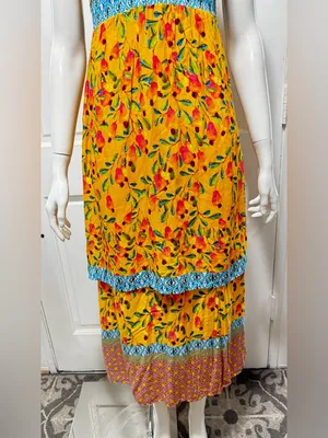 FARM Rio for Anthropologie Anjou Yellow Floral Maxi Dress with Blue Trim Size 0 thumbnail 8