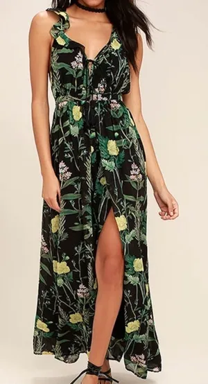 NWT Lulu’s Leaf Your Mark Black Floral Print Maxi Dress size XS thumbnail 1