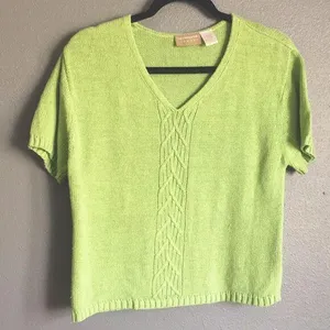 Liz Claiborne • Liz wear Lime Green Cable Short Sleeve Sweater Size Large thumbnail 1
