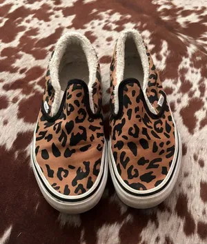 Vans‎ Women's leopard Print Slip-On Sneakers - Brown/Black, fuzzy insole thumbnail 1