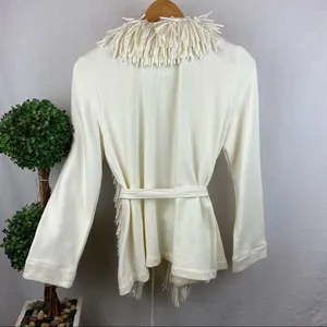 Ruby Rd. Ivory Fringe Trim Cotton Cardigan Tie Ponte Knit Sweater M thumbnail 5