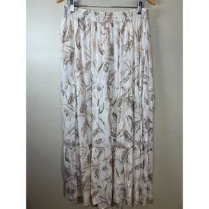 Elan Maxi Skirt Women XL Beige Lima Leaf Print Tiered Boho TP4152 New thumbnail 6