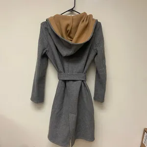 Zara Wool Blend Camel Gray Wraparound Hooded Coat MEDIUM thumbnail 6