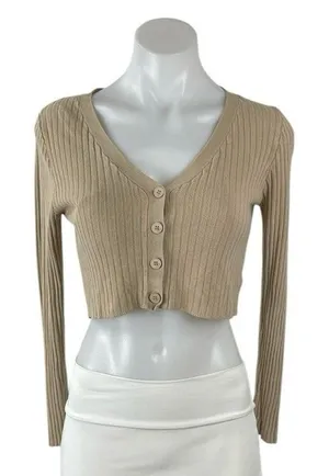 Oak + Fort Tan Ribbed Knit V Neck Long Sleeve Crop Button Up Cardigan Sweater XS thumbnail 1