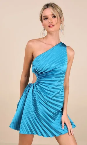 NWT Lulus Constantly Poised Teal Satin Pleated One-Shoulder Mini Dress Party S thumbnail 1