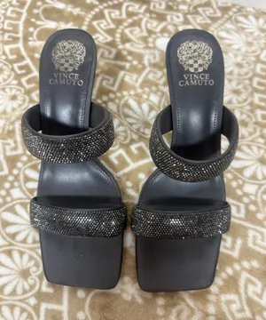 Vince Camuto Black Rhinestone Double-Strap Slide Heels thumbnail 1