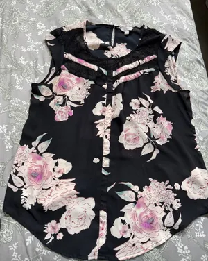Candie's Black Sleeveless Blouse with Pink Floral Lace Yoke thumbnail 1
