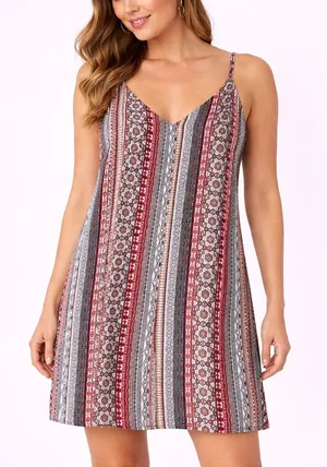 Pink Rose Striped Boho V-Neck Spaghetti Strap Dress - Red, Brown, Gray thumbnail 1