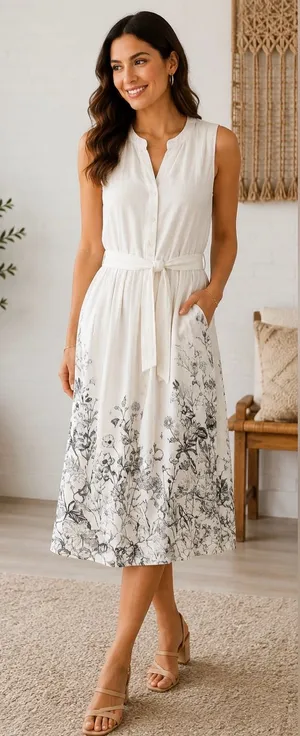 JANE + DELANCEY Floral Tie Waist Midi Dress Linen blend Sz XS thumbnail 1