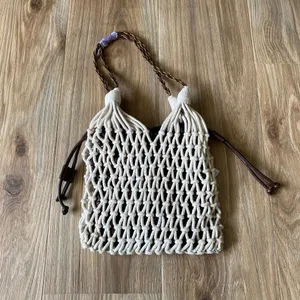 Free People Ivory Macrame Crochet Bucket Bag Boho Drawstring Tote NWT thumbnail 3