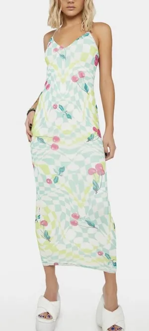 AFRM Amina Mesh Midi Slip Dress Size XS Green Checkered Red‎ Cherry Print thumbnail 1