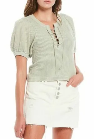 FINAL PRICE Free People FP One Hayden Thermal Waffle Knit Puff Sleeve Lace-Up thumbnail 1