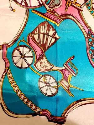VTG Royal Regal Carriage Print turquoise/PINK oversized square Silky Scarf 35/35 thumbnail 4