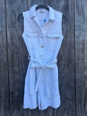 Cupshe White Sleeveless Collared Utility Denim Romper with Waist Tie Size Small thumbnail 5