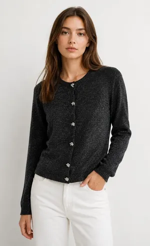 Zara Black Silver Metallic Knit Cardigan Statement Buttons Size L thumbnail 1