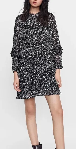 Zara Floral Printed Pleat Mini Dress XS Black Long Sleeves‎ Whimsygoth thumbnail 1