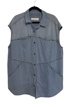 Free People NEW We The Free Chambray Denim Button Front Loose Mini Shirt Dress - Size L thumbnail 1