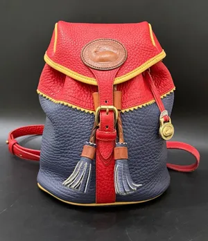 Rare Vintage DOONEY & BOURKE Teton AWL Lipstick Red Navy Yellow Leather Backpack thumbnail 1