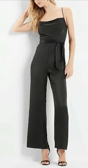 Express Black Satin Cowl Neck Wide Leg Tie‎ Waist Spaghetti Strap Jumpsuit thumbnail 1
