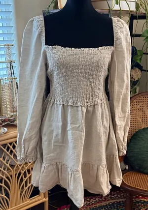 Aritzia Wilfred Tempest Natural Oatmeal Organic Linen Smocked Boho Mini Dress thumbnail 1