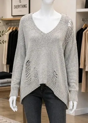 PPLA Womens Sweater Gray Distressed Shredded V-Neck Knit Medium thumbnail 1