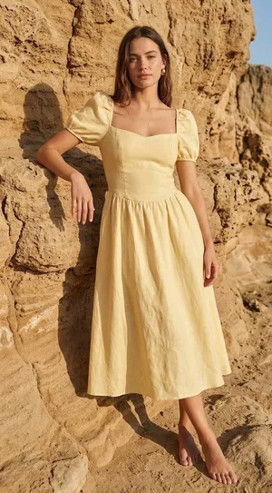 NWT Reformation Davila in Parmesan Yellow Linen Puff Sleeve Midi Dress 8 thumbnail 1