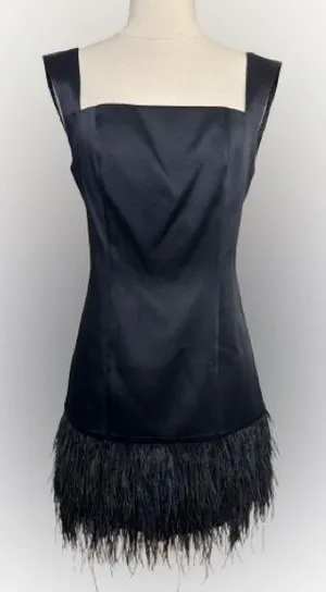 Black satin mini dress with a feathered hem thumbnail 1