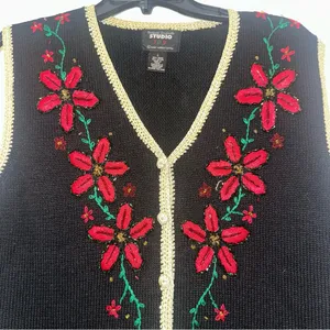 Women’s ugly Christmas sweater vest Embroidered Beaded Poinsettias Large thumbnail 2