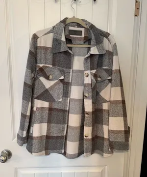 Blank NYC Cream, Gray & Brown Plaid Shacket thumbnail 1