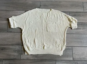 Relaxed Cream Short-Sleeve Knit Sweater with Chest Pocket thumbnail 1