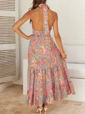 ZESICA Boho Retro Floral Halter Maxi Dress Pink Orange Tiered Sun Dress Large thumbnail 4