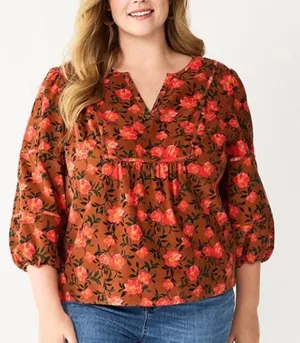 Sonoma Burnt Orange Floral Corduroy Blouse Women's Size 1X‎ Peasant Fall Pumpkin thumbnail 1
