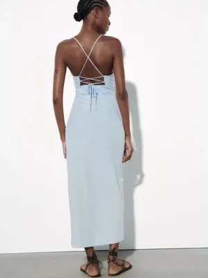 Zara Light Blue Midi Dress with Tie-Front and High Slit thumbnail 4
