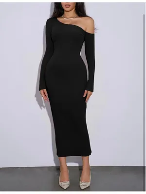 NEW 1 Shoulder Long Sleeve Ribbed Dress Back Slit Bodycon S thumbnail 5