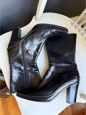 Nine West Black Leather Mid-Calf Boots with Block Heel thumbnail 3