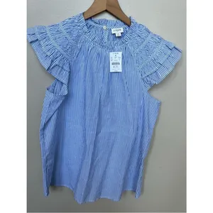 J.CREW Top Blue Striped NEW Flutter Sleeve Blouse 100% Cotton Size Small NWT thumbnail 2