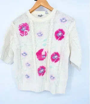 Vintage‎ Country Suburbans Flower Sweater Medium Short Sleeve Cable Knit Cottage thumbnail 1