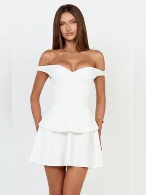 SHOWPO Izara Off The Shoulder Pleated Mini Dress In White thumbnail 6