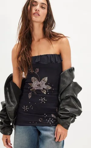 Free People Fawn Embellished Smocked Tulle Tube Top Black Glam Grunge Sz M thumbnail 1