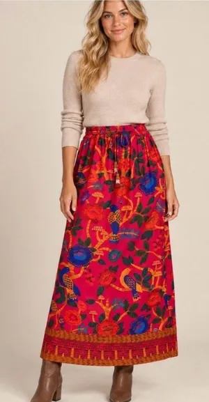 FARM Rio for Anthropologie Pink Bird Mushroom Floral Maxi Skirt XS thumbnail 1