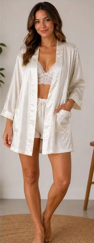 Victoria’s Secret Satin Robe M/L Ivory Champagne Vintage Lingerie Kimono thumbnail 1