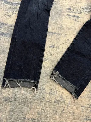 Express Dark Blue High Rise Asymmetrical Distressed Hem Skinny Jeans Size 4R thumbnail 3